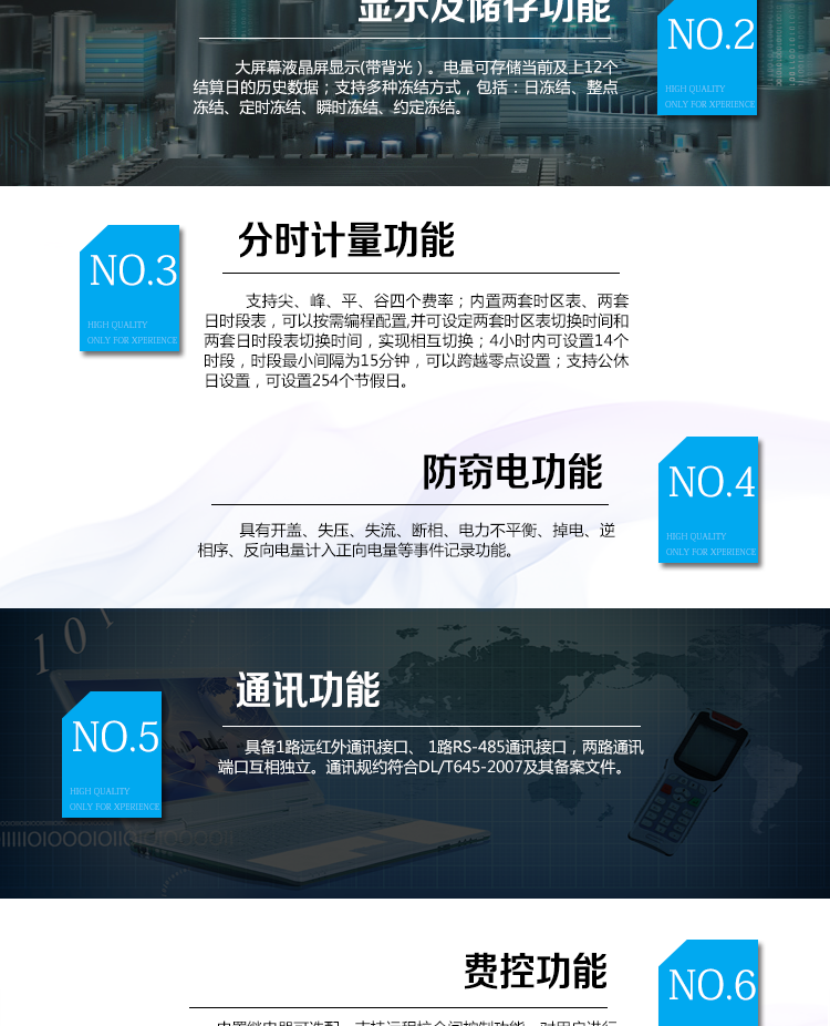 海興DTZY208三相四線電能表主要功能
　　計量功能
　　具有正、反向有功電能量、四象限無功電能量計量功能，并可據(jù)此設置組合有功和組合無功電能量。
　　分時計量功能
　　支持尖、峰、平、谷四個費率;內置兩套時區(qū)表、兩套日時段表，可以按需編程配置,并可設定兩套時區(qū)表切換時間和兩套日時段表切換時間，實現(xiàn)相互切換;4小時內可設置14個時段，時段最小間隔為15分鐘，可以跨越零點設置;支持公休日設置，可設置254個節(jié)假日。
　　測量功能
　　能測量電壓、電流、功率以及功率因數(shù)等電網參數(shù);具有正反向有功、四象限無功最大需量測量功能。測量準確度高，可以達到0.5級以內標準。
　　數(shù)據(jù)存儲功能
　　支持多種凍結方式，包括：日凍結、整點凍結、定時凍結、瞬時凍結、約定凍結。
　　事件記錄功能
　　分別記錄最近10次掉電、編程、校時、開表蓋、跳閘、合閘、事件清零、電表清零。
　　通信功能
　　具備1路遠紅外通訊接口、 1路RS-485通訊接口，兩路通訊端口互相獨立。通訊規(guī)約符合DL/T645-2007及其備案文件。
　　費控功能
　　內置繼電器可選配，支持遠程拉合閘控制功能，對用戶進行遠程通斷電控制。采用20位數(shù)字碼的形式實現(xiàn)虛擬介質充值，安全可靠，管理靈活方便。支持遠程充值和本地遙控器充值，充值靈活便捷。
　　用戶交互界面
　　采用大屏幕液晶顯示，提供豐富的圖形或文字提示信息;顯示內容可通過按鍵循環(huán)查詢，顯示項目可通過通信口按需配置;提供液晶背光，方便查看。支持停電喚醒功能，能通過按鍵或非接觸方式喚醒電能表，實現(xiàn)屏幕顯示抄讀電量和紅外通信口抄讀電量等數(shù)據(jù)。