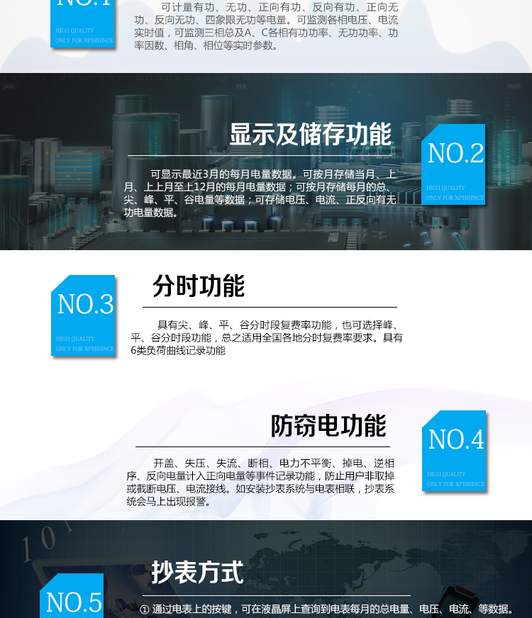 杭州百富華隆DSSD532三相三線電子式多功能電能表產(chǎn)品功能
　　電能計(jì)量功能
　　計(jì)量參數(shù)：可計(jì)量有功、無功、正向有功、反向有功、正向無功、反向無功、四象限無功等電量。
　　監(jiān)測(cè)參數(shù)：可監(jiān)測(cè)各相電壓、電流實(shí)時(shí)值，可監(jiān)測(cè)三相總及A、C各相有功功率、無功功率、功率因數(shù)、相角、相位等實(shí)時(shí)參數(shù)。
　　分時(shí)功能：具有尖、峰、平、谷分時(shí)段復(fù)費(fèi)率功能，也可選擇峰、平、谷分時(shí)段功能，總之適用全國各地分時(shí)復(fù)費(fèi)率要求。
　　數(shù)據(jù)存儲(chǔ)：可按月存儲(chǔ)當(dāng)月、上月、上上月至上12月的每月電量數(shù)據(jù);可按月存儲(chǔ)每月的總、尖、峰、平、谷電量等數(shù)據(jù);可存儲(chǔ)電壓、電流、正反向有無功電量數(shù)據(jù)。
　　具有6類負(fù)荷曲線記錄功能。
　　顯示功能：可顯示最近3月的每月電量數(shù)據(jù)。
　　防竊電功能
　　開蓋記錄功能，防止非法更改電路。
　　電壓合格率、失壓記錄功能，防止用戶非法取掉或截?cái)嚯妷航泳€，如已發(fā)生，可通過記錄的時(shí)間核算所損失的電量，為追補(bǔ)電量提供依據(jù)。
　　失流、斷相記錄功能，防止用戶非法短接電流接線，如已發(fā)生，可通過記錄的時(shí)間核算所損失的電量，為追補(bǔ)電量提供依據(jù)。
　　電流不平衡記錄：可警惕用戶在電表接線的前端截取電量。
　　掉電記錄功能，防止用戶非法取下電表的工作電源，如已發(fā)生，可通過記錄的時(shí)間核算所損失的電量，為追補(bǔ)電量提供依據(jù)。
　　反向電量計(jì)入正向電量，用戶如將電流線接反，電表照樣正向走字，不具有竊電作用。
　　逆相序報(bào)警，用戶非法接線，電表會(huì)報(bào)警，除非把線接正確，否則一直報(bào)警。
　　以上情況如發(fā)出，電表會(huì)出現(xiàn)報(bào)警標(biāo)志，如安裝抄表系統(tǒng)與電表相聯(lián)，抄表系統(tǒng)會(huì)馬上出現(xiàn)報(bào)警。