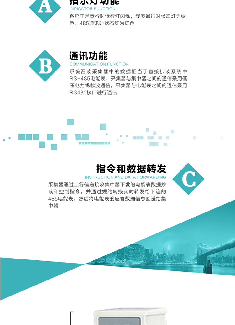 功能及特點：
1、 通訊功能，系統召讀采集器中的數據相當于直接抄讀系統中RS-485電能表，采集器與集中器之間的通信采用低壓電力線載波通信，采集器與電能表之間的通信采用RS485接口進行通信
2、 指令和數據轉發功能，采集器通過上行信道接收集中器下發的電能表數據抄讀和控制指令，并通過規約轉換實時轉發給下連的485電能表，然后將電能表的應答數據信息回送給集中器。
3、 指示燈功能，系統正常運行時運行燈閃爍，載波通訊時狀態燈為綠色，485通訊時狀態燈為紅色