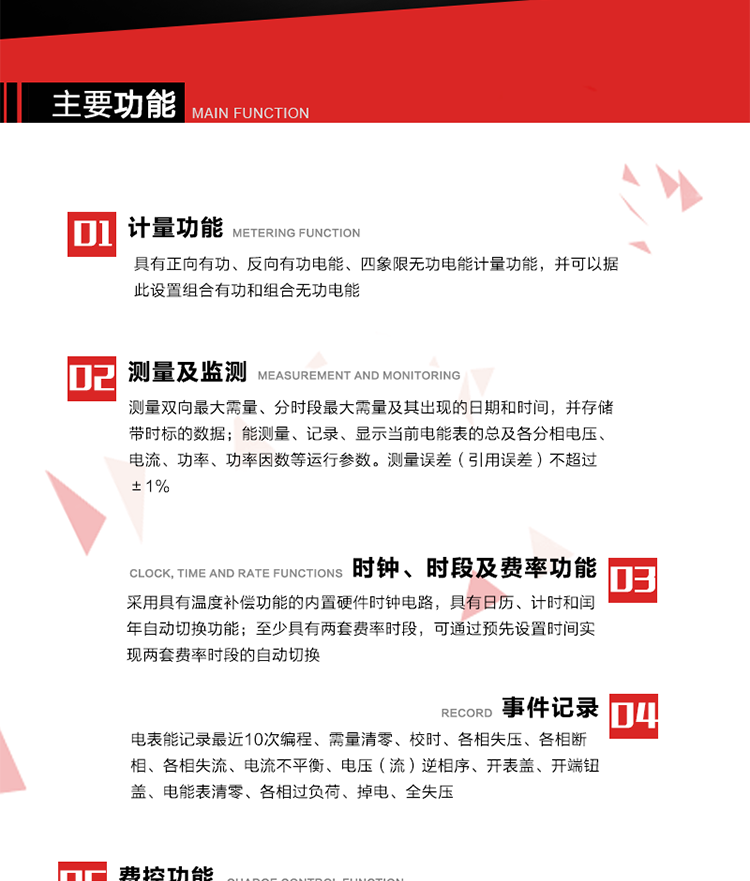 主要功能
1. 電能計量
具有正向有功、反向有功電能、四象限無功電能計量功能，并可以據(jù)此設置組合有功和組合無功電能。
2. 需量計量
測量雙向最大需量、分時段最大需量及其出現(xiàn)的日期和時間，并存儲帶時標的數(shù)據(jù)。
3. 測量及監(jiān)測
能測量、記錄、顯示當前電能表的總及各分相電壓、電流、功率、功率因數(shù)等運行參數(shù)。測量誤差（引用誤差）不超過±1%。
4. 時鐘、時段及費率功能
采用具有溫度補償功能的內(nèi)置硬件時鐘電路，具有日歷、計時和閏年自動切換功能。內(nèi)部時鐘端子輸出頻率為1Hz。至少具有兩套費率時段，可通過預先設置時間實現(xiàn)兩套費率時段的自動切換。每套費率時段全年至少可設置2個時區(qū)，24小時內(nèi)至少可以設置8個時段，時段最小間隔為15分鐘，并且時段間隔大于表內(nèi)設定的需量周期值，時段可跨越零點設置。
5. 費控功能 
電能表費控功能的實現(xiàn)方式通過CPU卡等固態(tài)介質(zhì)實現(xiàn)。具有兩套階梯電價計費方式，并可在設置時間點啟用另一套階梯電價計費。
6. 無線通信
通過無線通信與主站通信。支持在安全認證前提下，通過無線網(wǎng)絡信道修改費率時段表及電價。
7. 事件記錄
電表能記錄最近10次編程、需量清零、校時、各相失壓、各相斷相、各相失流、電流不平衡、電壓（流）逆相序、開表蓋、開端鈕蓋、電能表清零、各相過負荷、掉電、全失壓。
8. 凍結(jié)
具有定時凍結(jié)、瞬時凍結(jié)、約定凍結(jié)和日凍結(jié)功能。
9.　負荷記錄
記錄正反向有功總電能、無功總電能、四象限無功總電能、組合有功、組合無功1、組合無功2，負荷記錄間隔時間可以在1～60min范圍內(nèi)設置，時間間隔為1min的情況下可記錄不少于40天的數(shù)據(jù)容量。
10. 停電抄表
在停電狀態(tài)下，能通過按鍵或非接觸方式喚醒電能表，抄讀電能量等數(shù)據(jù)。
11. 擴展功能
計量視在電能、諧波電壓、電流、電量的監(jiān)測、電能質(zhì)量監(jiān)測和計算鐵損、銅損。 