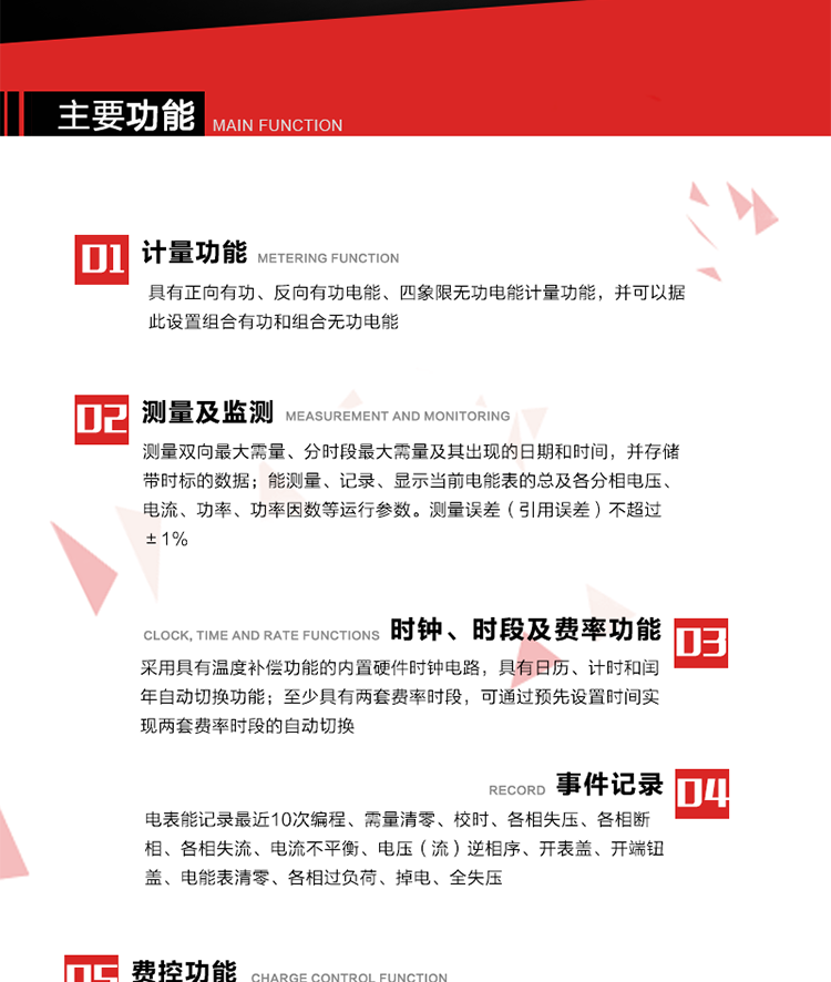 主要功能
1. 　電能計量
具有正向有功、反向有功電能、四象限無功電能計量功能，并可以據(jù)此設(shè)置組合有功和組合無功電能。
2. 　需量計量
測量雙向最大需量、分時段最大需量及其出現(xiàn)的日期和時間，并存儲帶時標(biāo)的數(shù)據(jù)。
3. 　測量及監(jiān)測
能測量、記錄、顯示當(dāng)前電能表的總及各分相電壓、電流、功率、功率因數(shù)等運行參數(shù)。測量誤差（引用誤差）不超過±1%。
4. 　時鐘、時段及費率功能
采用具有溫度補償功能的內(nèi)置硬件時鐘電路，具有日歷、計時和閏年自動切換功能。內(nèi)部時鐘端子輸出頻率為1Hz。至少具有兩套費率時段，可通過預(yù)先設(shè)置時間實現(xiàn)兩套費率時段的自動切換。每套費率時段全年至少可設(shè)置2個時區(qū)，24小時內(nèi)至少可以設(shè)置8個時段，時段最小間隔為15分鐘，并且時段間隔大于表內(nèi)設(shè)定的需量周期值，時段可跨越零點設(shè)置。
5. 　費控功能 
電能表費控功能的實現(xiàn)方式通過公網(wǎng)等虛擬介質(zhì)和遠(yuǎn)程售電系統(tǒng)實現(xiàn)。
6. 　無線通信
通過無線通信與主站通信。支持在安全認(rèn)證前提下，通過無線網(wǎng)絡(luò)信道修改費率時段表及電價。
7. 　事件記錄
電表能記錄最近10次編程、需量清零、校時、各相失壓、各相斷相、各相失流、電流不平衡、電壓（流）逆相序、開表蓋、開端鈕蓋、電能表清零、各相過負(fù)荷、掉電、全失壓。
8. 　凍結(jié)
具有定時凍結(jié)、瞬時凍結(jié)、約定凍結(jié)和日凍結(jié)功能。
9.　 負(fù)荷記錄
記錄正反向有功總電能、無功總電能、四象限無功總電能、組合有功、組合無功1、組合無功2，負(fù)荷記錄間隔時間可以在1～60min范圍內(nèi)設(shè)置，時間間隔為1min的情況下可記錄不少于40天的數(shù)據(jù)容量。
10. 　停電抄表
在停電狀態(tài)下，能通過按鍵或非接觸方式喚醒電能表，抄讀電能量等數(shù)據(jù)。
11. 擴(kuò)展功能
計量視在電能、諧波電壓、電流、電量的監(jiān)測、電能質(zhì)量監(jiān)測和計算鐵損、銅損。 