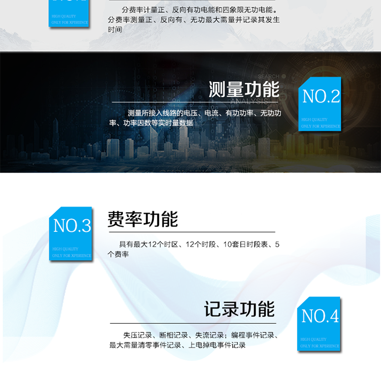 主要功能
電能計(jì)量功能
具有正、反向有功, 無(wú)功四象限電能計(jì)量功能；
具有分時(shí)計(jì)量功能；具有計(jì)量分相有功電能量功能。
需量測(cè)量功能
有功需量測(cè)量、無(wú)功需量測(cè)量、結(jié)算日需量
實(shí)時(shí)量測(cè)量功能
測(cè)量、記錄、顯示當(dāng)前電能表的總及各分相電壓、電流、功率、功率因數(shù)、頻率、表內(nèi)溫度等運(yùn)行參數(shù)。
提供越限監(jiān)測(cè)功能。
時(shí)鐘功能
采用具有溫度補(bǔ)償功能的內(nèi)置硬件時(shí)鐘電路，具有日歷、計(jì)時(shí)和閏年自動(dòng)切換功能。
費(fèi)率、時(shí)段功能
事件記錄功能
凍結(jié)功能
定時(shí)凍結(jié)、瞬時(shí)凍結(jié)、約定凍結(jié)、日凍結(jié)、整點(diǎn)凍結(jié)
負(fù)荷記錄功能
電壓合格率統(tǒng)計(jì)功能
可記錄12個(gè)月的電壓統(tǒng)計(jì)數(shù)據(jù)。
報(bào)警功能
光報(bào)警、聲報(bào)警、LCD顯示報(bào)警
安全防護(hù)功能
密碼防護(hù)、編程開(kāi)關(guān)防護(hù)
通訊功能
至少具有一個(gè)紅外通信接口、兩個(gè)RS485通信接口。
校時(shí)功能
可通過(guò)RS485、紅外等通信接口對(duì)電能表校時(shí)。
電表清零功能
停電抄表功能
在停電狀態(tài)下，能通過(guò)按鍵或非接觸方式喚醒電能表，實(shí)現(xiàn)屏幕顯示抄讀電量和紅外通信口抄讀到當(dāng)前電量和最近一次結(jié)算電量等數(shù)據(jù)。
輔助電源*（可選項(xiàng)）
保電功能*（可選項(xiàng)）
遠(yuǎn)程保電功能、自保電功能